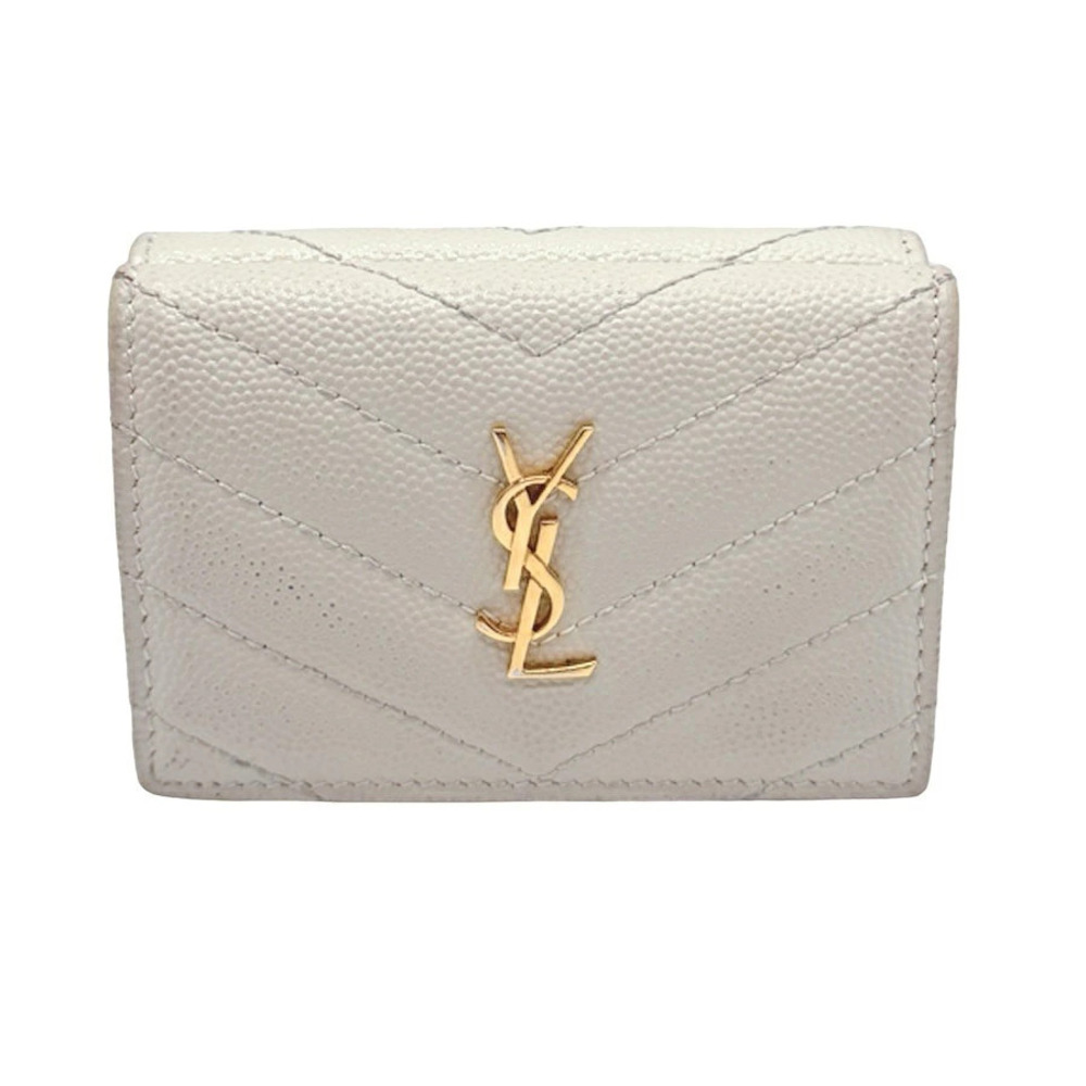 Saint Laurent Tri fold Wallet Compact Leather Ivory White Gold